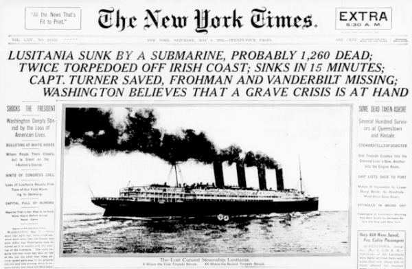 《纽约时报》关于卢西塔尼亚号客轮被击沉的报道