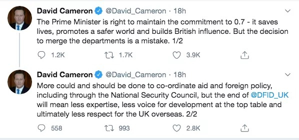  卡梅伦在社交媒体发文。