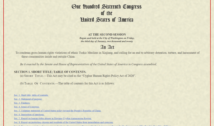 美国国会网站发布的“2020年维吾尔人权政策法案”文本