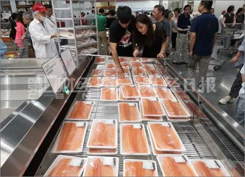 ▲超市售卖的冰鲜三文鱼。资料摄影/任玉明