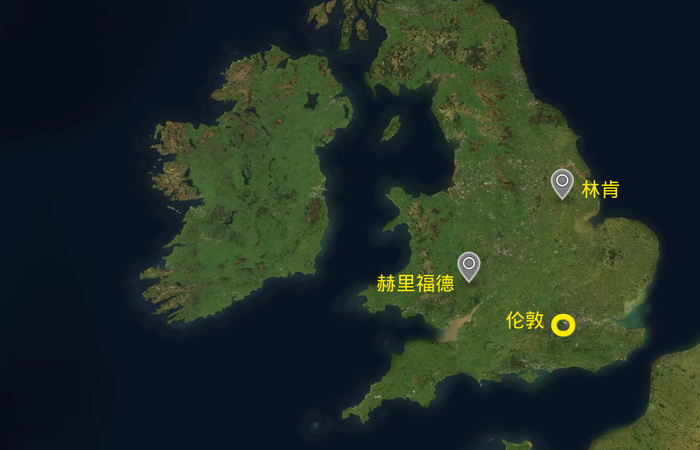 林肯和赫里福德在英国的位置