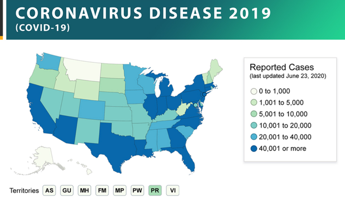 图为美国疾控中心给出的美国疫情地图，颜色越深的地方疫情越严重
