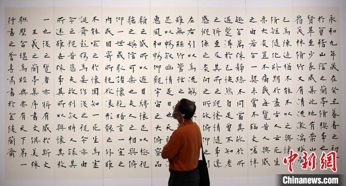 观众被展出的书法作品吸引。　泱波 摄