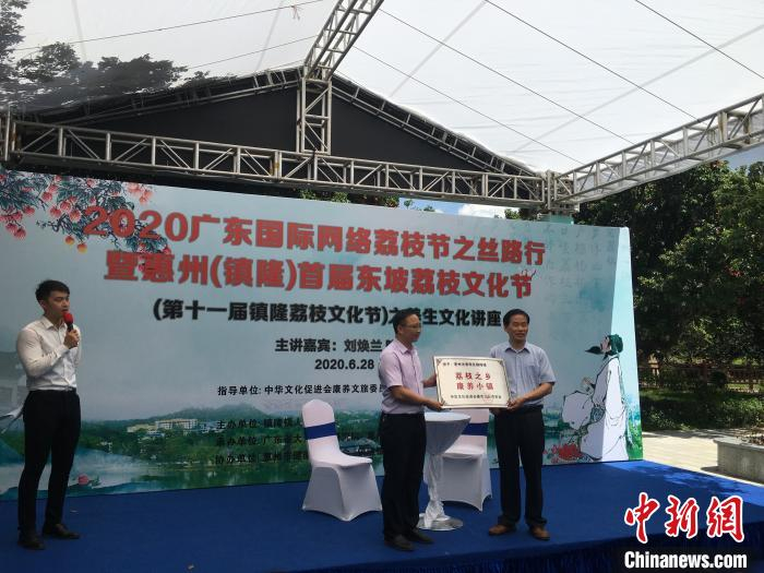 图为联合国国际生态生命科学院院士、广州中医药大学教授、养生学博士生、博士后导师刘焕兰(右一)在为惠州市惠阳区镇隆镇颁发被中华文化促进会康养文旅委员会命名的“荔枝之乡 康养小镇”的牌匾 宋秀杰 摄