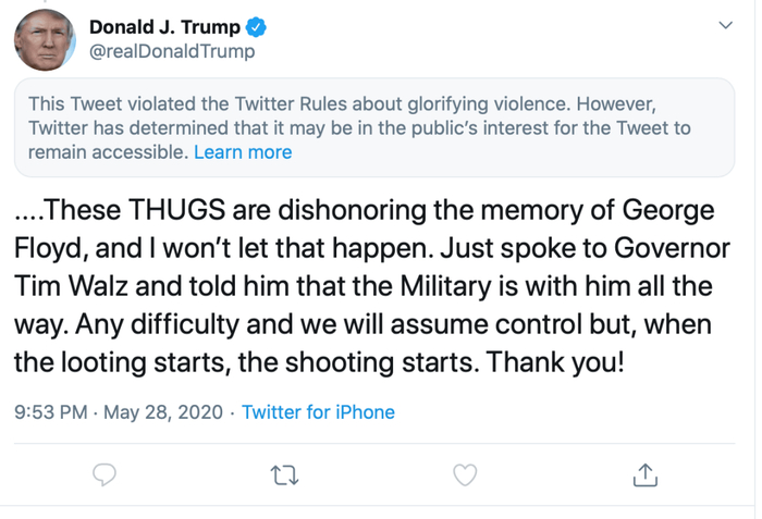 特朗普5月28日的发文被推特标记为“暴力言论”。/社交媒体截图