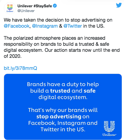  联合利华发文宣布，停止在社交媒体平台投放广告。/社交媒体截图