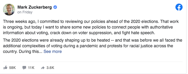  扎克伯格发表声明。/社交媒体截图