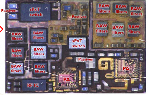 ▲射频模组内部由多个射频分立芯片组成