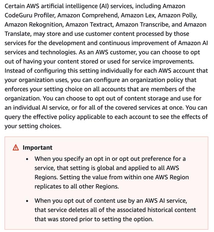 AWS 的 AI 服务收集「云用户」的数据：并存储在它处