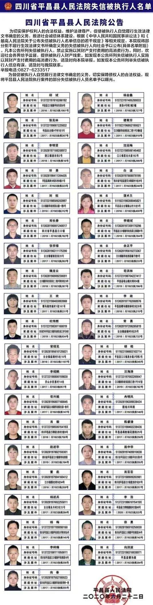 平昌法院曝光39名失信被执行人，看看都是谁！