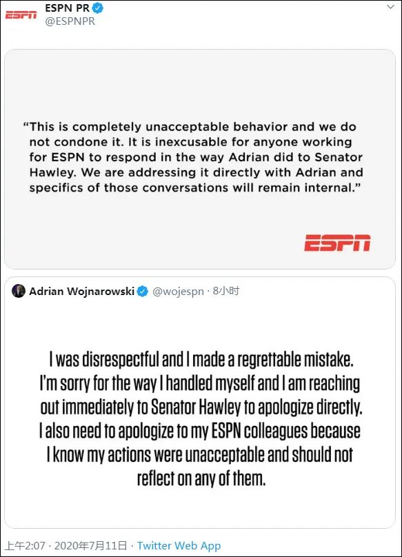 ESPN发布网站和记者本人的道歉声明 社交媒体截图