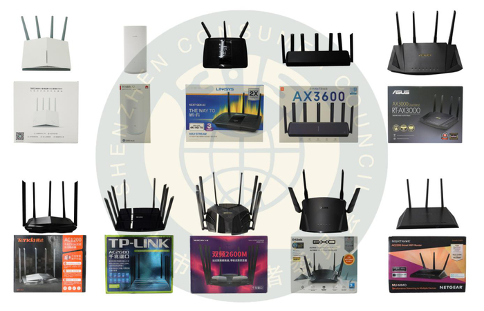 ▲10款样品，涉及品牌有：小米、普联、华为、领势、网件、华硕、水星、腾达、360、友讯