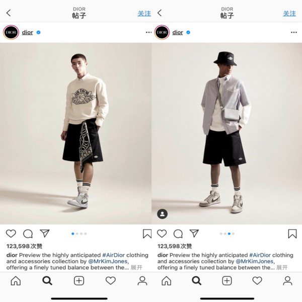  图|&nbsp;Dior x Air Jordan 1 High OG联名款运动鞋在Dior官方Instagram账号点赞量超12万次