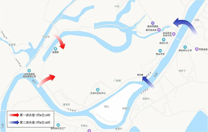 油墩街镇决堤示意图   澎湃新闻实习生 何沛芸 制图