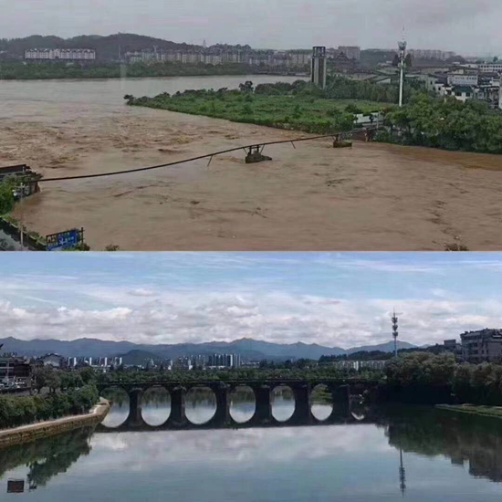 　　被冲毁前后的镇海桥对比。图自网络