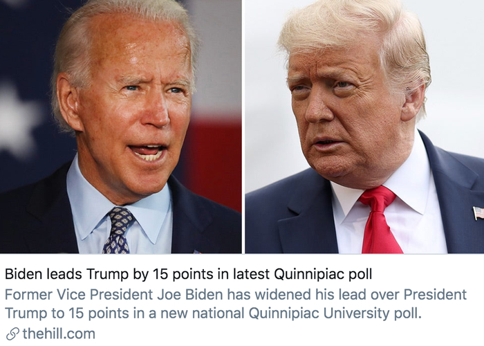 　拜登在最新的民调中领先特朗普15个百分比。/&nbsp;《国会山报》报道截图