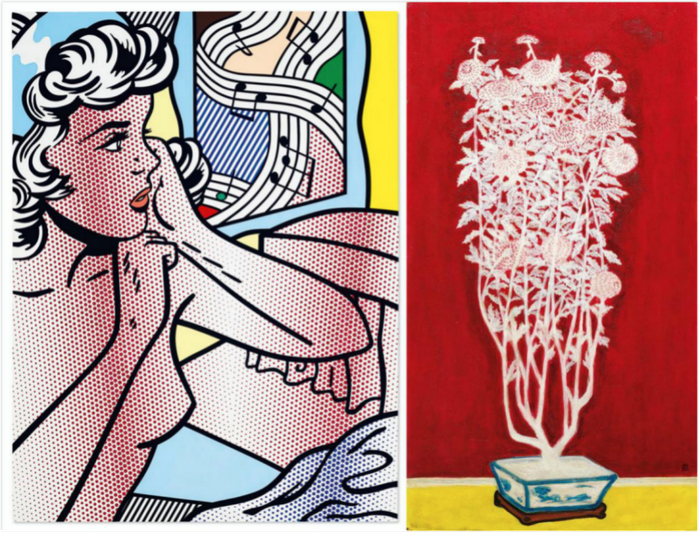 《裸体与欢愉画》（左）；常玉《青花盆中盛开的菊花》（右）图片来源：佳士得拍卖官网