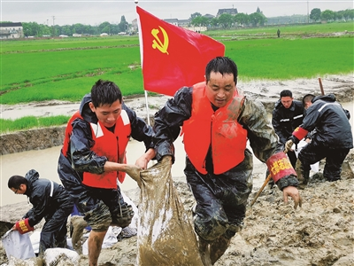  图为党员志愿者加固太湖内河堤坝 张靖阳摄