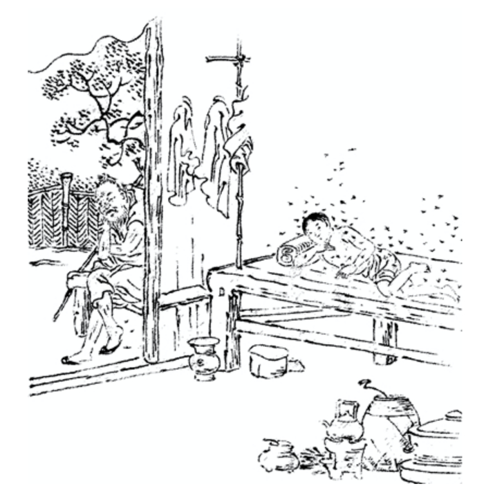 ▲“二十四孝”中吴猛喂蚊孝父的故事，讲述孝子吴猛因为家贫没有蚊帐，为了让父亲不挨咬，所以脱光衣服让蚊子咬自己。