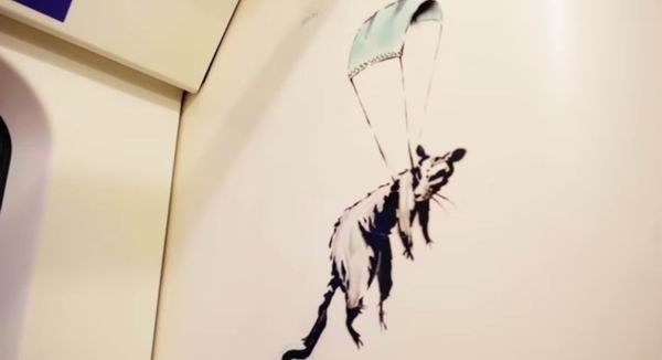 伦敦地铁车厢中，班克斯画下的以口罩做降落伞的老鼠。