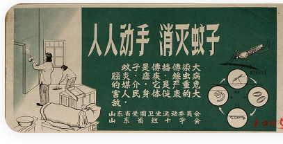 △1955年山东省爱国卫生运动委员会和山东省红十字会制作的灭蚊宣传画。到今天，我们还在与这个“大敌”战斗。