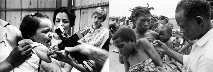 左图为喷枪接种；右图为分叉针接种