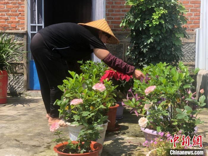 闲暇时，村民马永梅就在家浇浇花，收拾收拾院子。　丁华明 摄