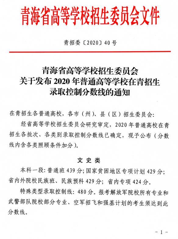 青海：2020年录取分数线 本科一段文史439分 理工352分