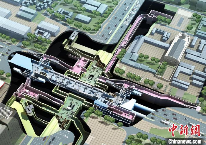 北京地铁宣武门站换乘通道示意图。粉色部分为新增的4换2通道。　 富田 摄
