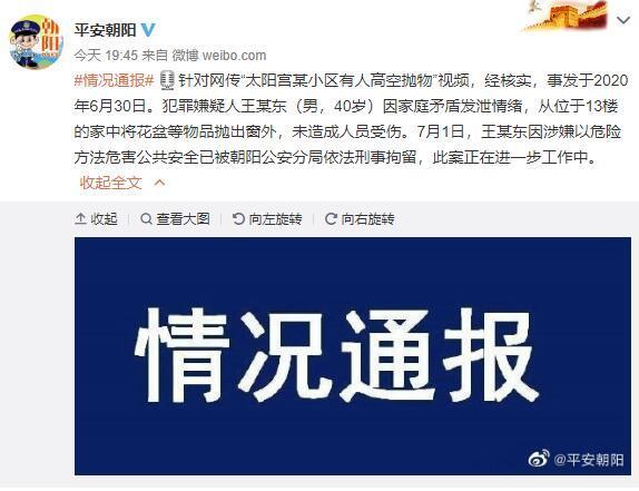 北京一男子从13楼将花盆抛出窗外 被警方刑拘