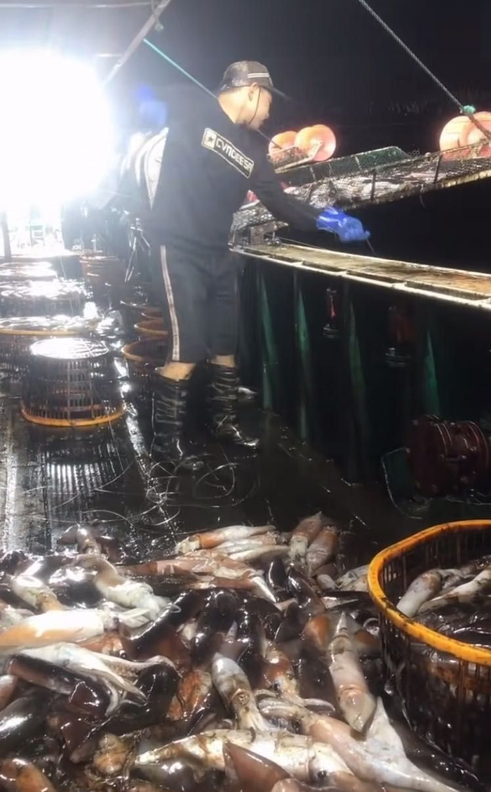  2019年8月，远洋鱿钓船船员正在收线。 受访者供图