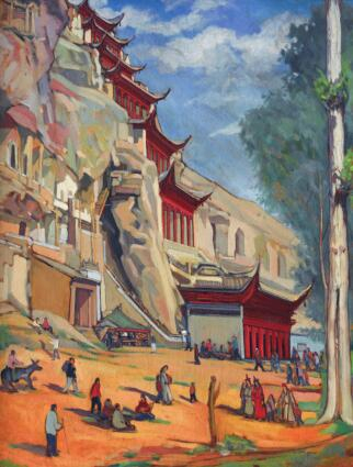 常书鸿油画《敦煌四月初八庙会》(《此生只为守敦煌：常书鸿传》书中插图)。