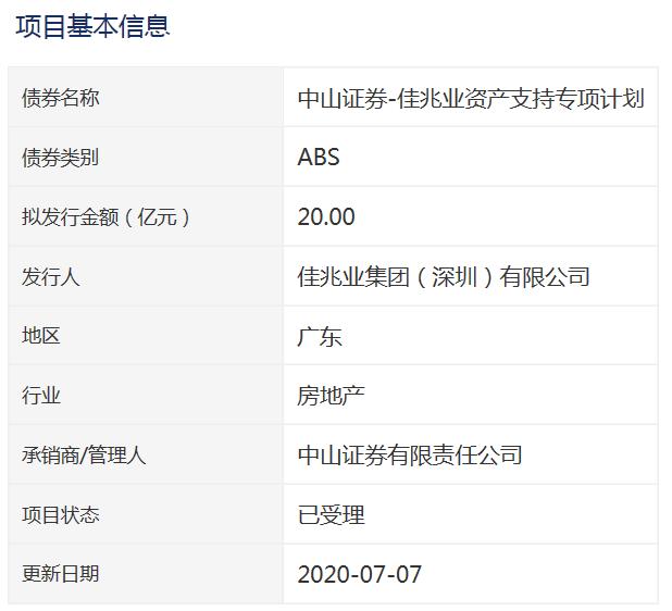 佳兆业20亿元资产支持专项计划获深交所受理