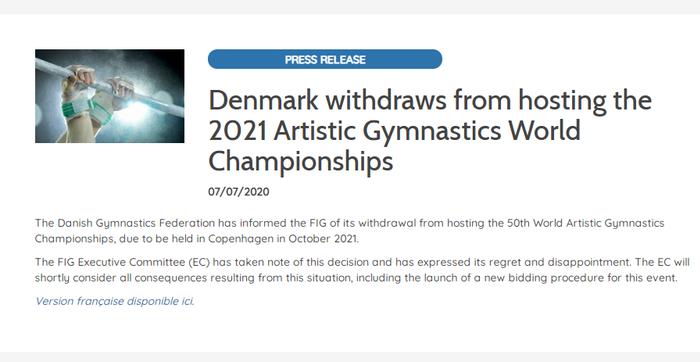 世体联：丹麦放弃2021年体操世锦赛举办资格