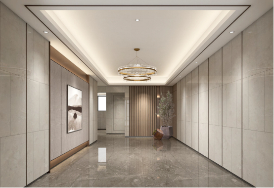 （万象东方首层大堂效果图，错缝铺贴、大厅壁布木饰面等装饰材质、精致吊顶、多维灯带照明系统都是中高端楼盘才会采用的精装大堂方式。以实际交付为准）