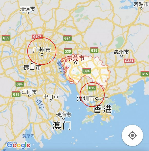 东莞正好处于广州、深圳之间