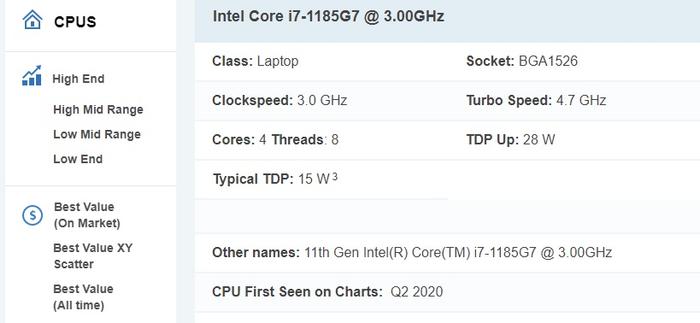 英特尔11代低压酷睿最强CPU现身：i7-1185G7，主频 3 GHz