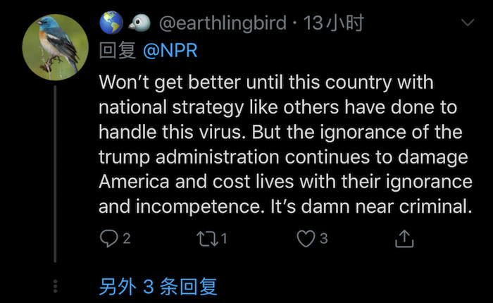 ▲“（经济形势）不会转好直到美国拥有应对病毒的策略。但政府的无知使得其继续以它的无能和愚昧伤害美国，并且是以生命为代价。这简直就是犯罪。”