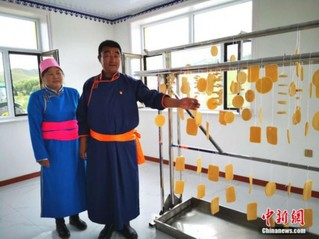 文龙、金花夫妇和他们当天新做出来的奶豆腐。　郎朗　摄