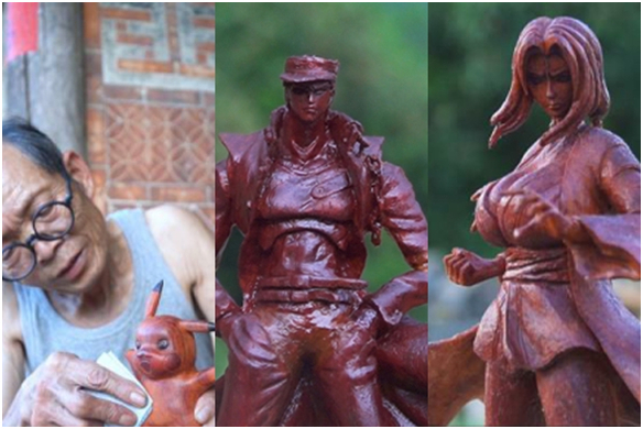 卢正义与他雕刻的“红木手办”（图源：受访者供图）