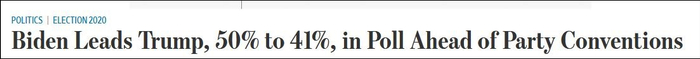 《华尔街日报》：两党全代会召开之际，拜登支持率领先特朗普