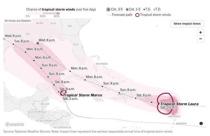 美国国家气象局预测“劳拉”、“马克”将于下周抵达美国墨西哥湾沿岸