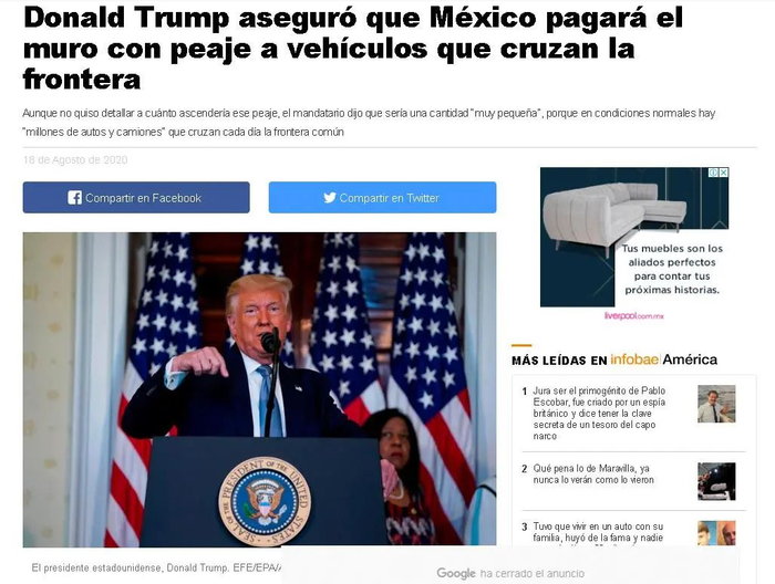  图为墨西哥媒体相关报道 标题：特朗普确保墨西哥为边境墙买单 过境车辆收取过境费