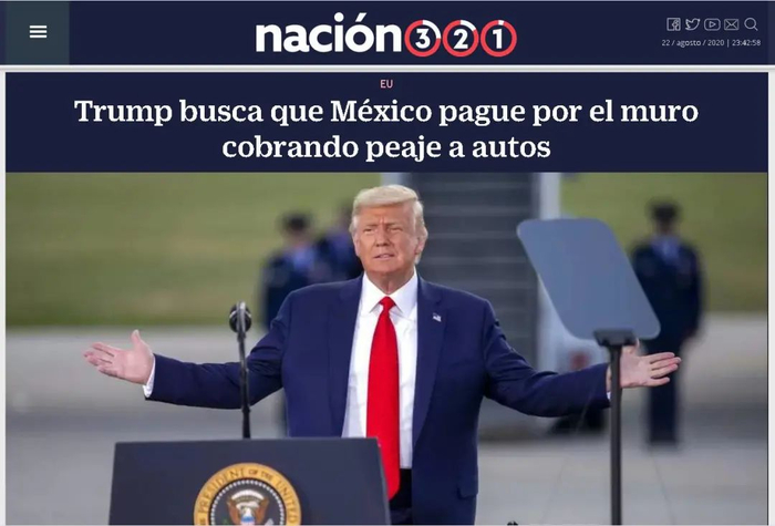 图为特朗普在集会讲话现场图 标题：特朗普寻找让墨西哥为边境墙买单的方法 收取过境费