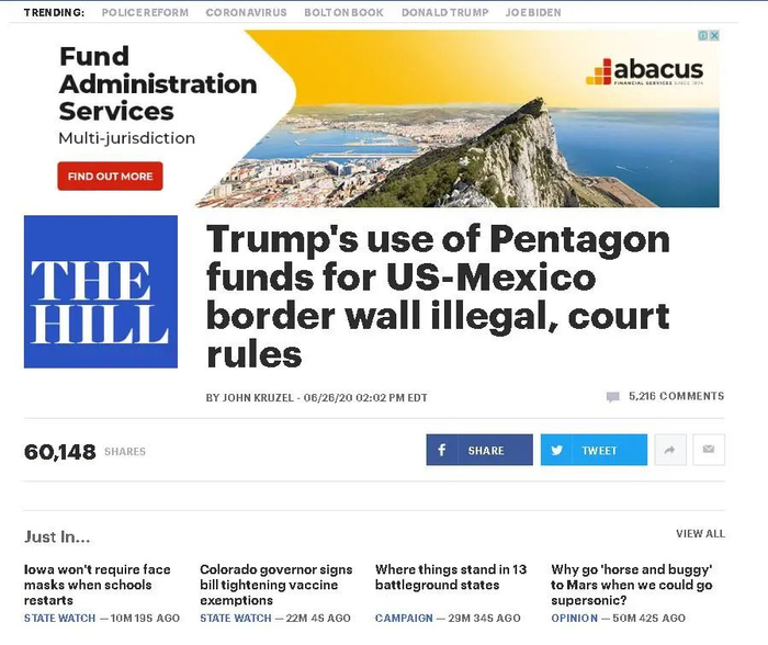  图为美国媒体 标题 法院裁定：特朗普挪用国防部资金建造边境墙涉嫌违法