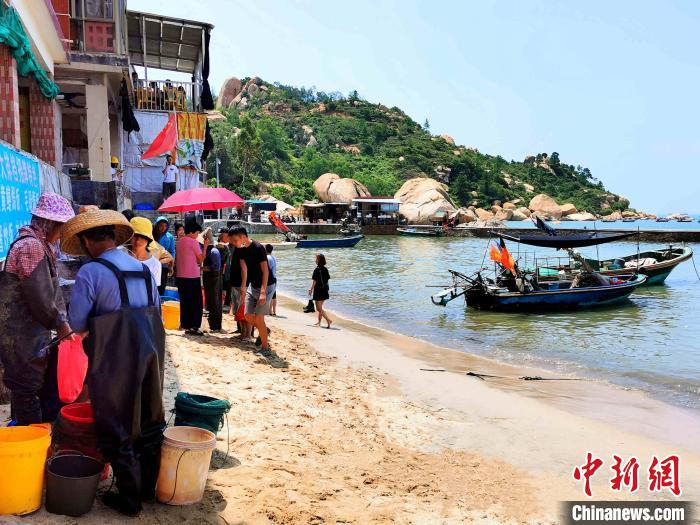 游客前往海边购买刚到岸的新鲜海产 李晓春 摄