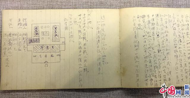 《归娶记》记载了胡适1917年12月16日离京回绩溪迎娶江冬秀的始末，揭示了胡适的婚姻观和对中国传统家庭制度的态度。图为胡适日记中手绘的结婚礼堂平面图。  中国网记者 苏向东/摄