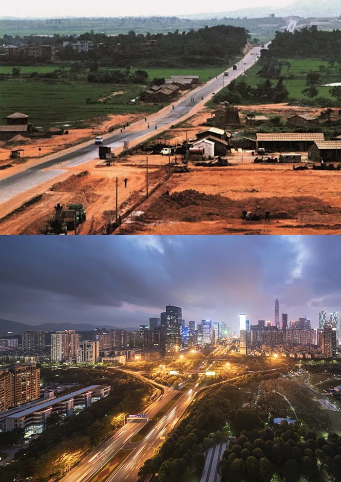 ▲拼版照片：上图为20世纪80年代的深南大道（原为深南路）（来源：光明日报）；下图为如今的深南大道（来源：视觉中国）。
