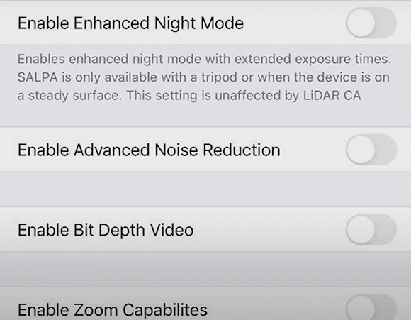 ▲iPhone 12 Pro Max PVT机型中的高级降噪、高色深拍摄、变焦等选项