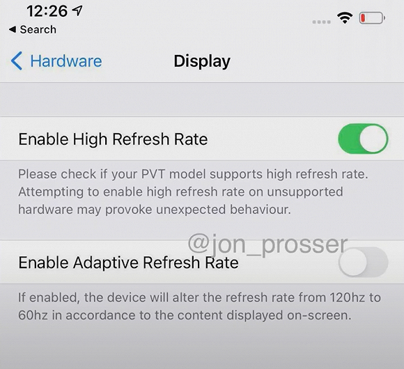 ▲iPhone 12 Pro Max PVT机型中的高刷新率及自适应刷新率选项